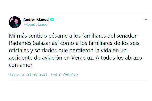 Lamenta AMLO muertes de senador y militares