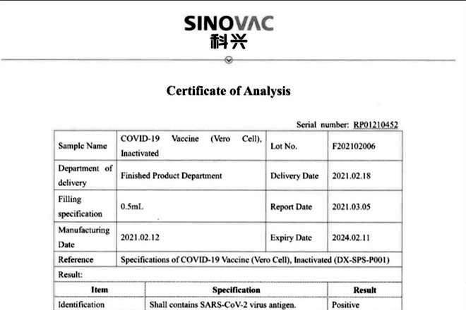 Certifican vacunas de Sinovac; se aplicarán el fin de semana