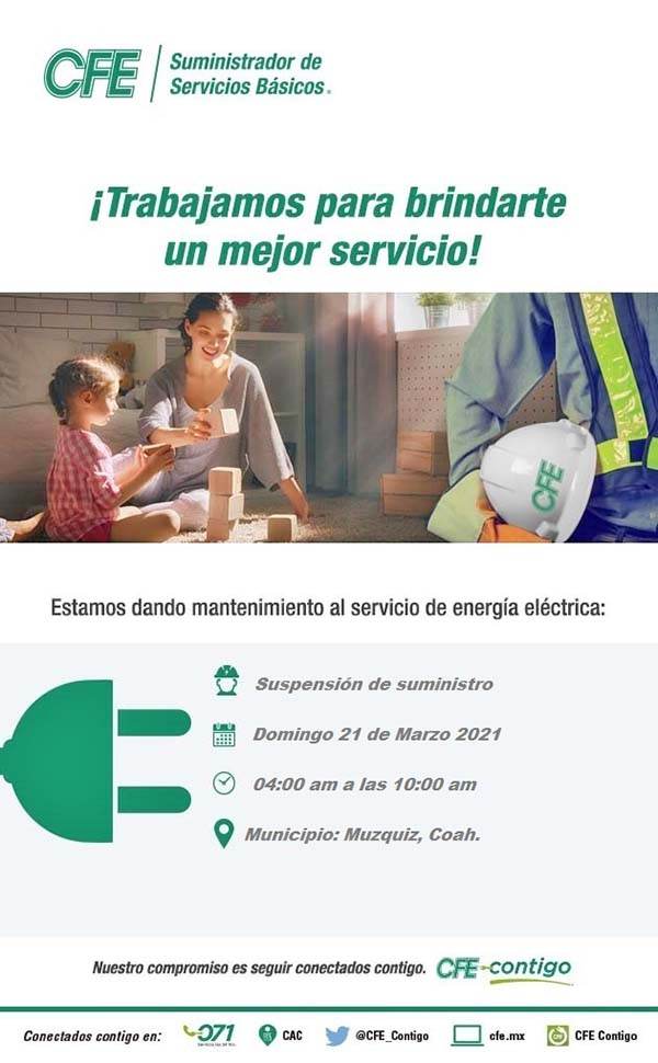 Anuncian corte de energía en Múzquiz