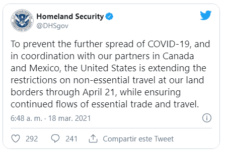 EU extiende restricciones a viajes no esenciales con México y Canadá hasta el 21 de abril