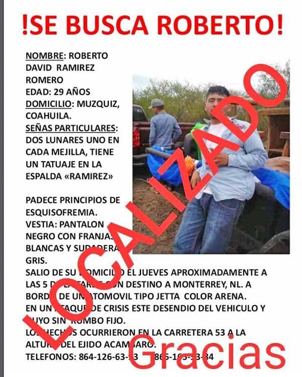 Ubican en Múzquiz a joven desaparecido