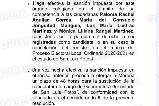Plantea INE cancelar registro de candidata de Morena en SLP