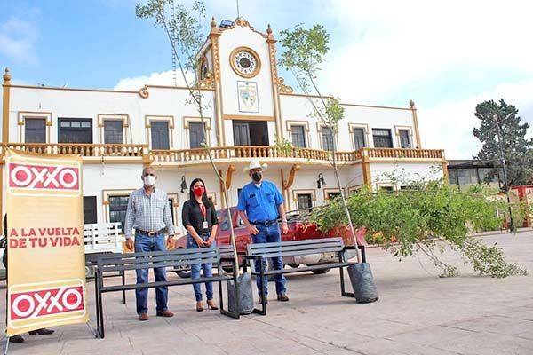 Dona Oxxo bancas y árboles a Sabinas