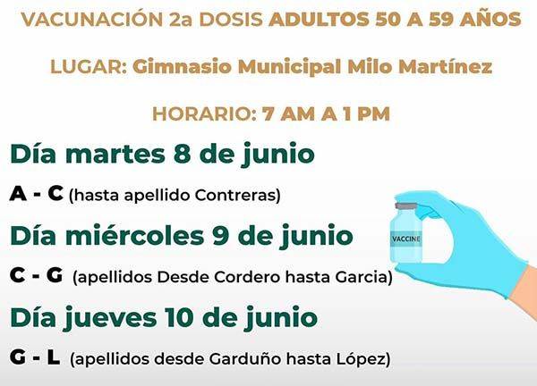 Lista segunda dosis para adultos de 50 a 59 años