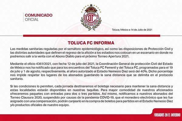 Se queda el Toluca otra vez sin abonados