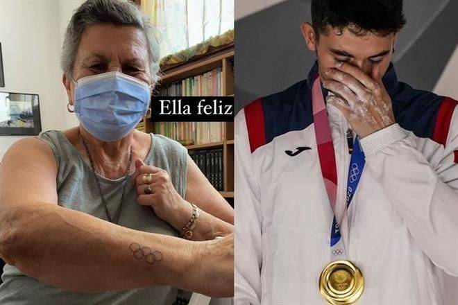 Abuela se tatúa por oro de su nieto en Tokio