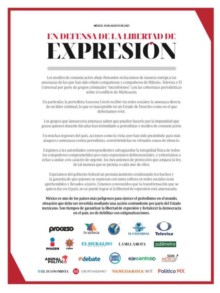 Medios lanzan desplegado tras amenazas del CJNG; llaman al gobierno a garantizar libertad de expresión