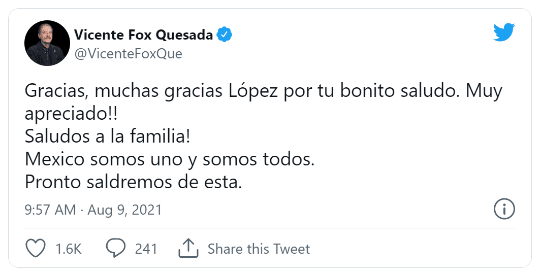 “Saludos a la familia”: Vicente Fox agradece a AMLO deseos de recuperación