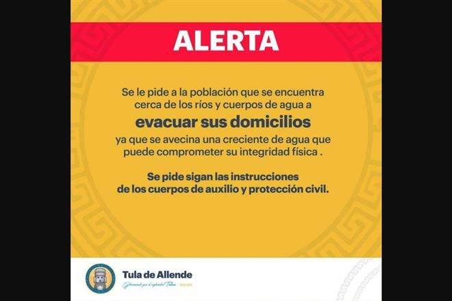 Ordenan evacuar zonas aledañas a Río Tula por desfogue
