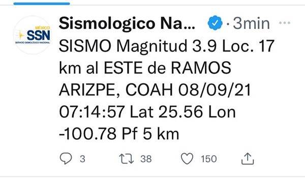 Registra Ramos nuevo temblor