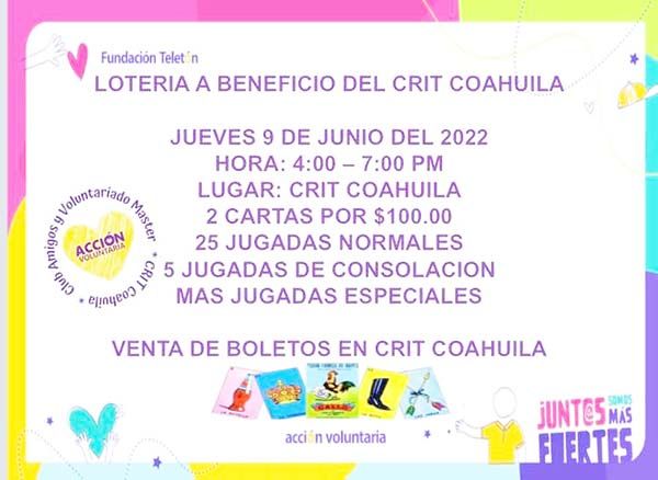 Organizan lotería en apoyo a CRIT Coahuila
