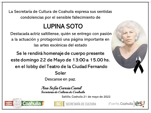 Lamenta Cultura deceso de la actriz Lupina Soto