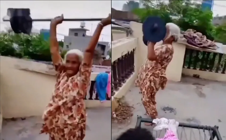 Abuelita sorprende en redes sociales levantando barra con pesas