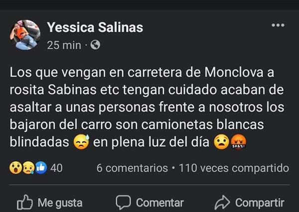 Alertan por asalto en Carr.Monclova-Rosita