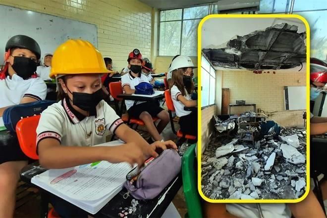 Van a clases ¡con casco! ante riesgo en techo de salón