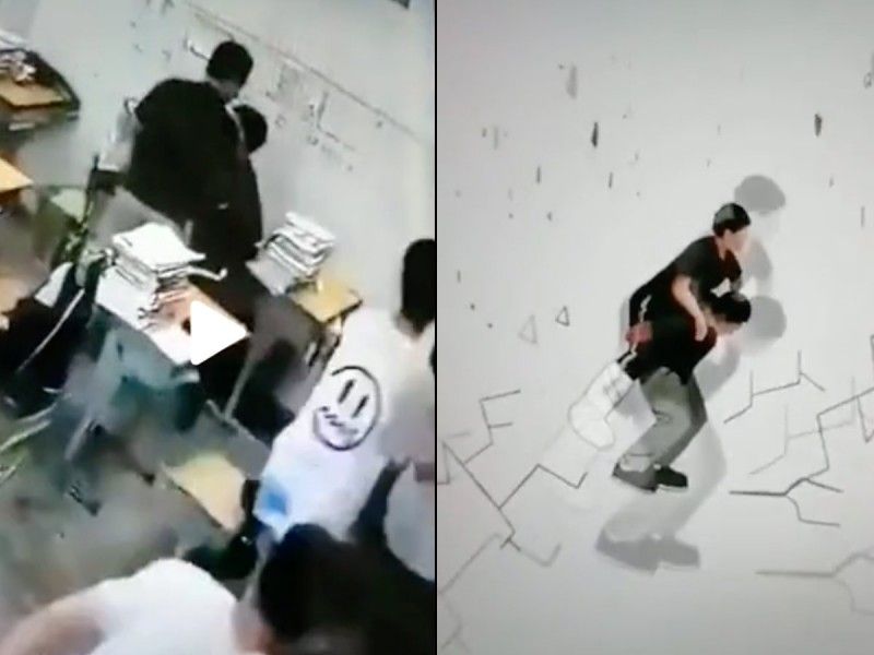 Carga a su amigo del pie enyesado para sacarlo del salón durante un sismo