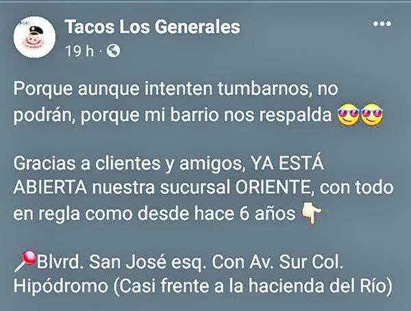 Presumen apertura de Tacos “Los Generales”