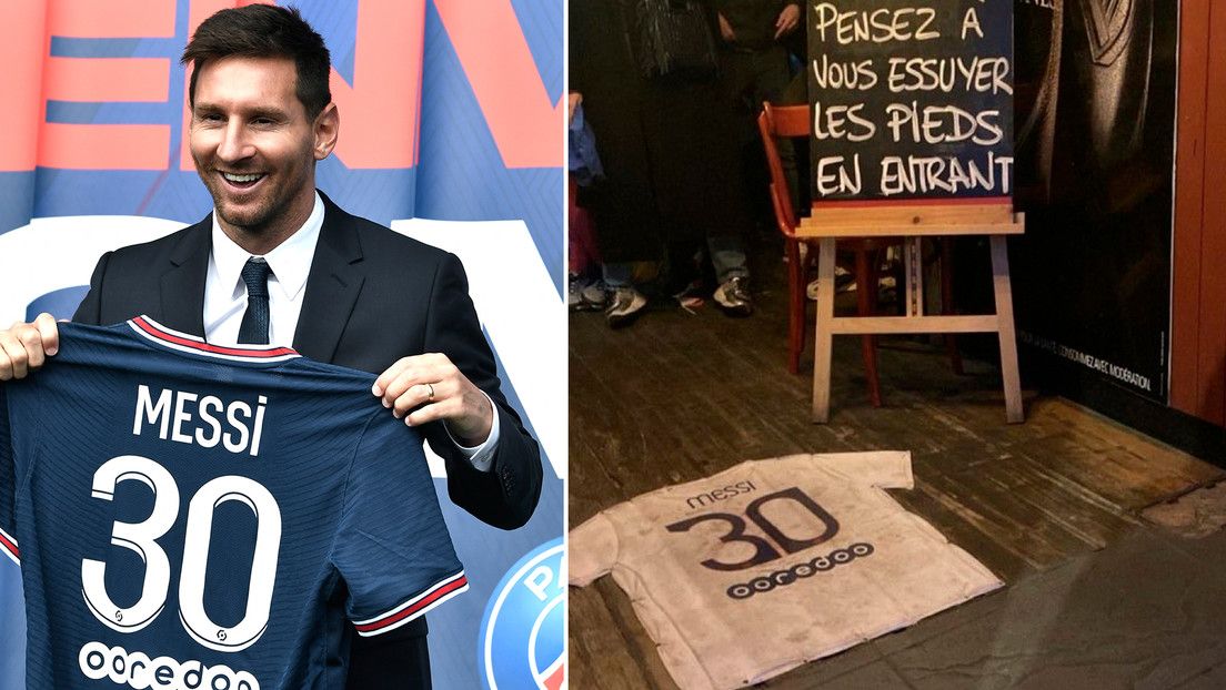 «No olvides limpiarte los pies»: Usan una camiseta de Messi como alfombra en un bar de Francia