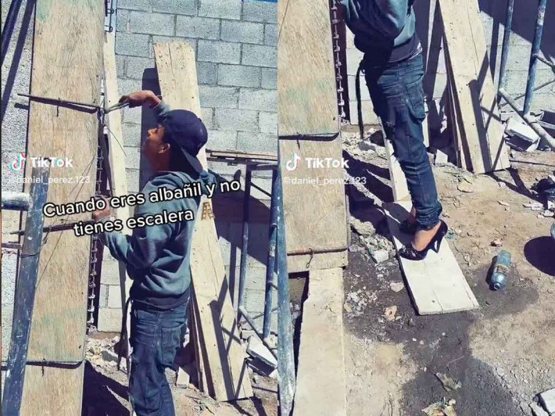 ¡Qué ingenio! Albañil sin escalera usa unos tacones para trabajar en la obra