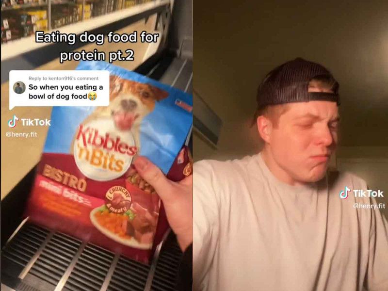 Joven fitness come croquetas de perro para ganar músculo