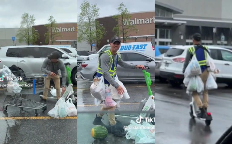 VIDEO. Hombre va al supermercado en scooter; se cuelga bolsas en video viral