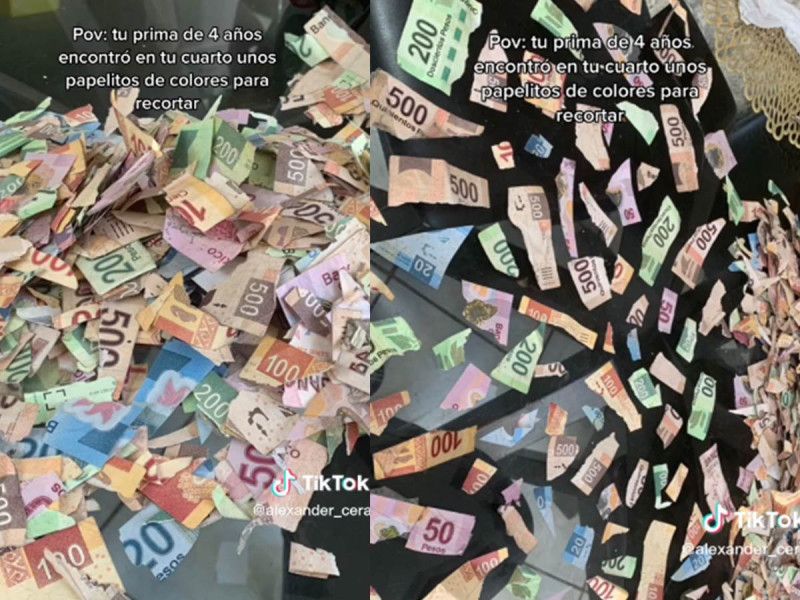 Niña confunde billetes con papelitos de colores y recorta miles de pesos