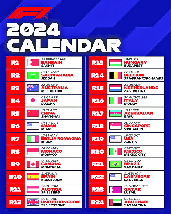 FÓRMULA 1 PRESENTA SU CALENDARIO PARA LA TEMPORADA 2024