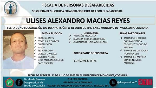 DESAPARECE EN MONCLOVA ULISES MACÍAS REYES