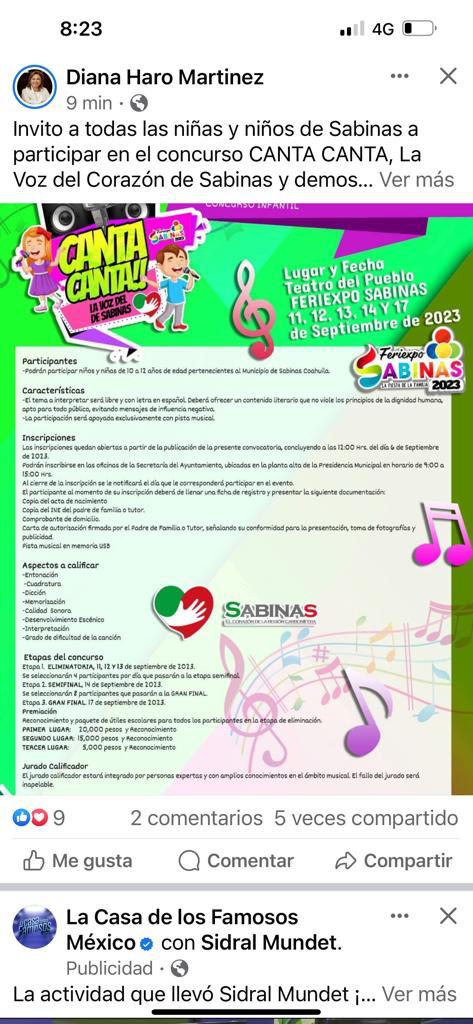 Invita Sabinas a concurso de canto