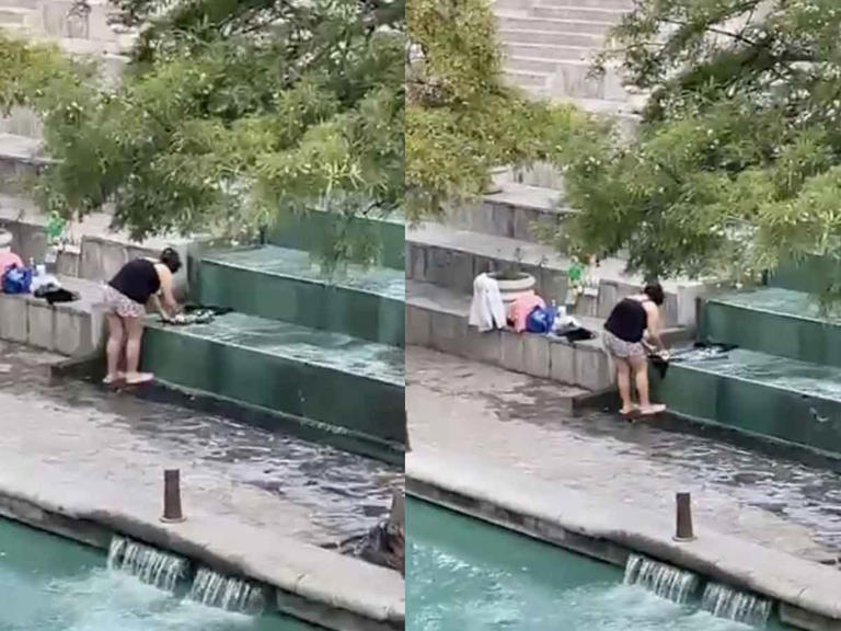 Graban a mujer lavando su ropa sucia en el Paseo de Santa Lucía en Monterrey