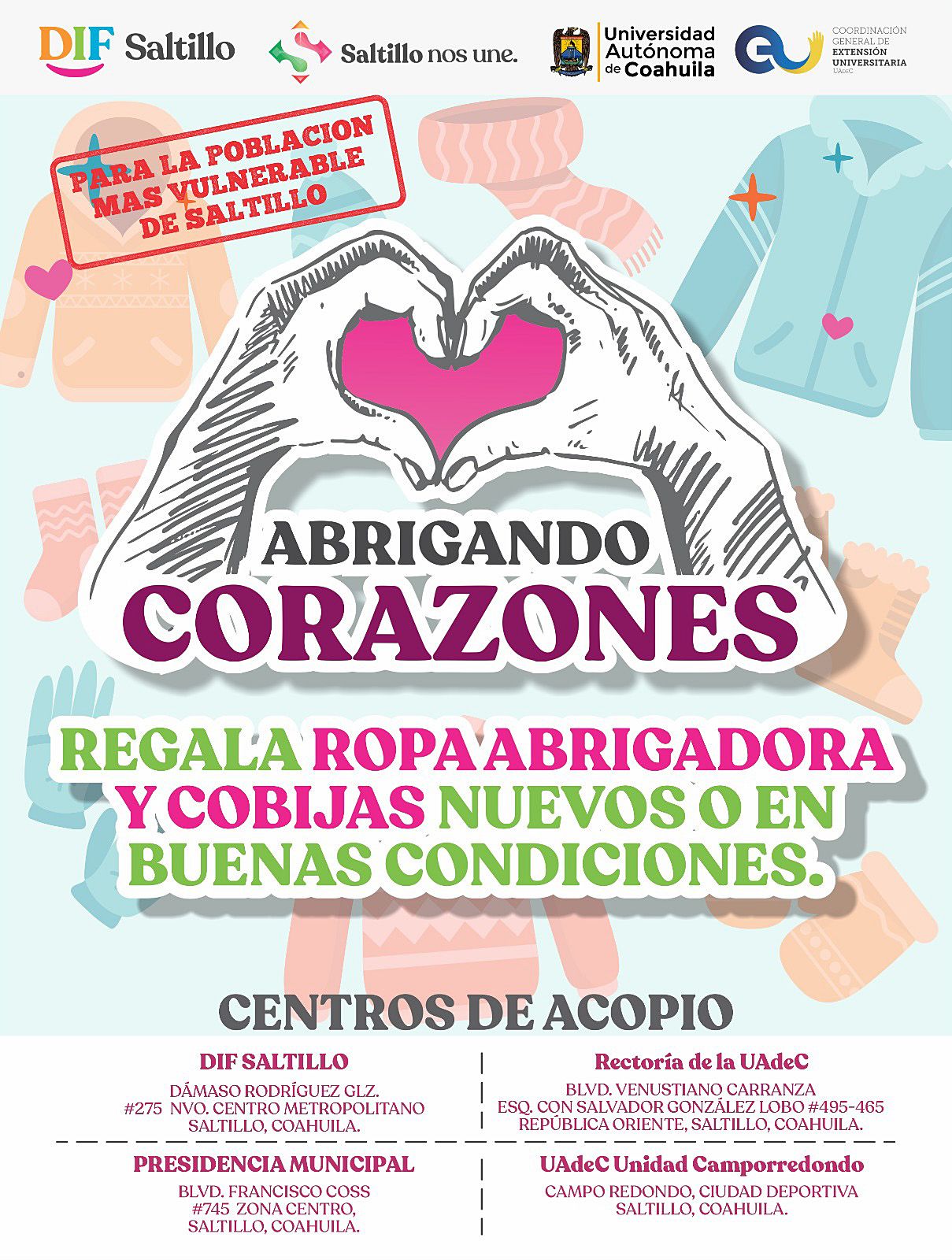 Convoca UAdeC a Colecta  “Abrigando Corazones”