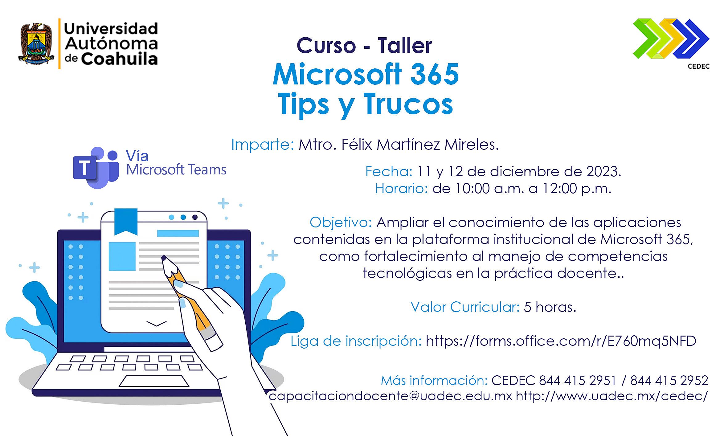 Convoca UAdeC al Curso-Taller “Microsoft 365 Tips y Trucos”