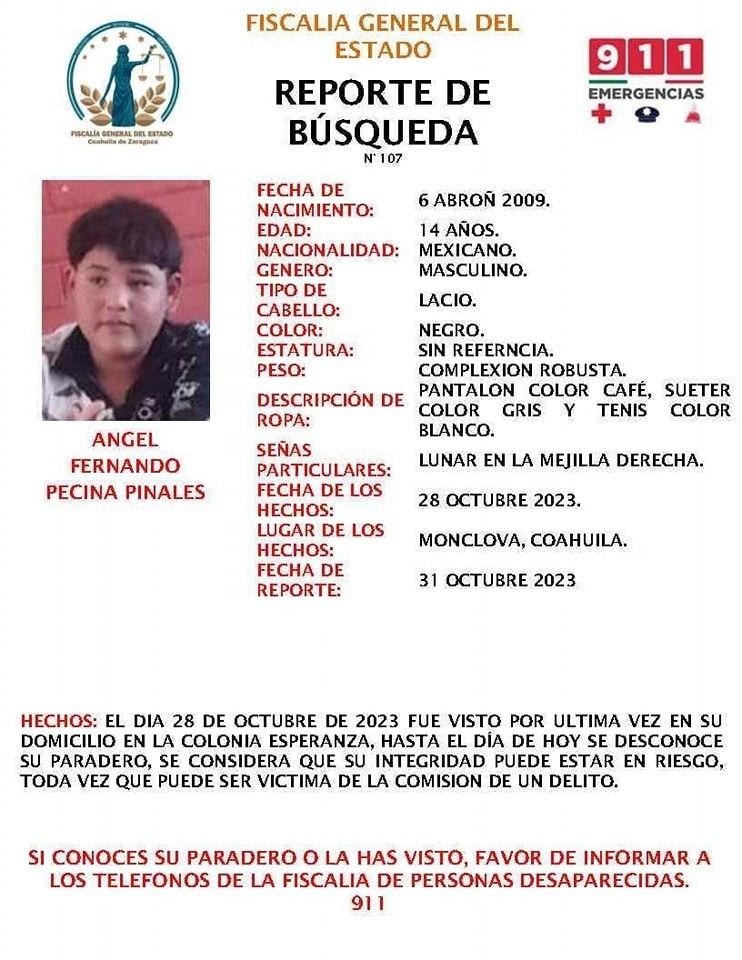 Reportan desaparecido a jovencito de 14 años