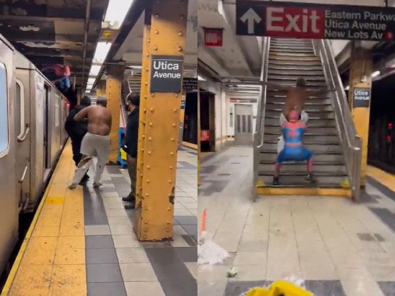 VIDEO: ¡Cómo en el cine! Spider-man se enfrenta a indigente en metro de Nueva York