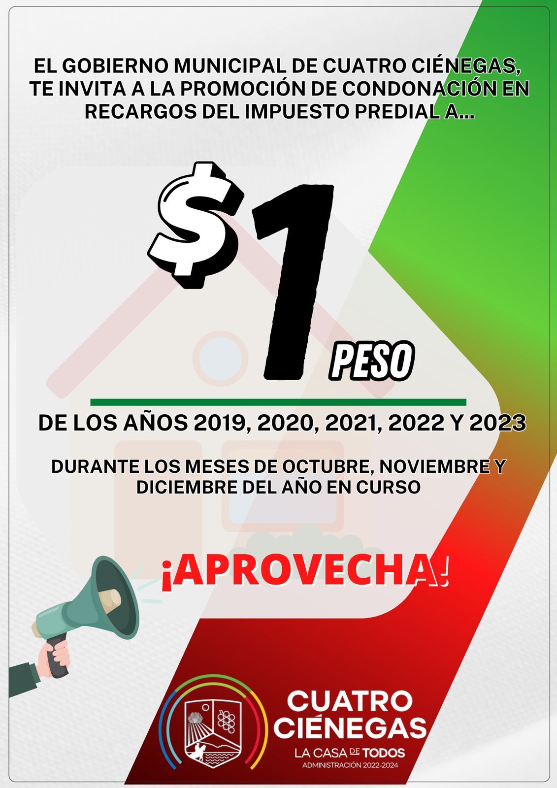 Aprueba 4Ciénegas recargos de 1 peso