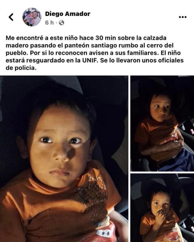 Localizan al niño Diego Amador solo en la calle