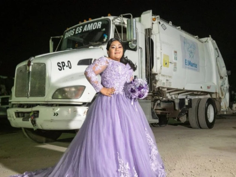 Quinceañera se toma fotos en camión de basura para honrar a su papá