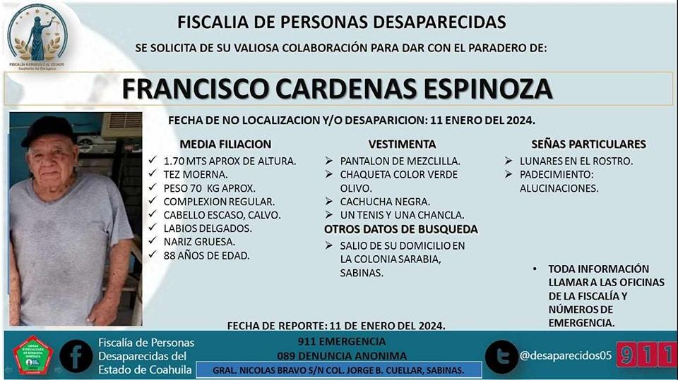 Se extravió adulto mayor de Sabinas