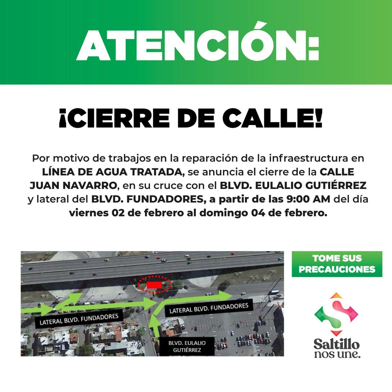 Informa Municipio cierre de cruce en Juan Navarro y Eulalio Gutiérrez