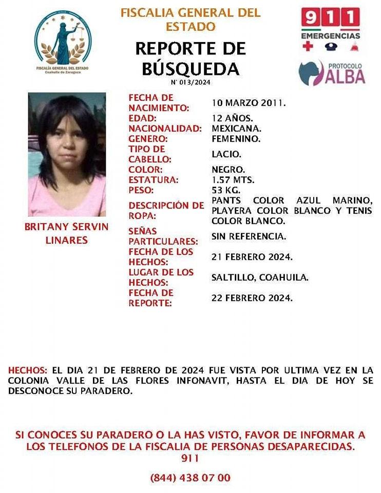 La Fiscalía de Personas Desaparecidas informa sobre la activación del #ProtocoloAlba para la búsqueda de: BRITANY SERVIN LINARES