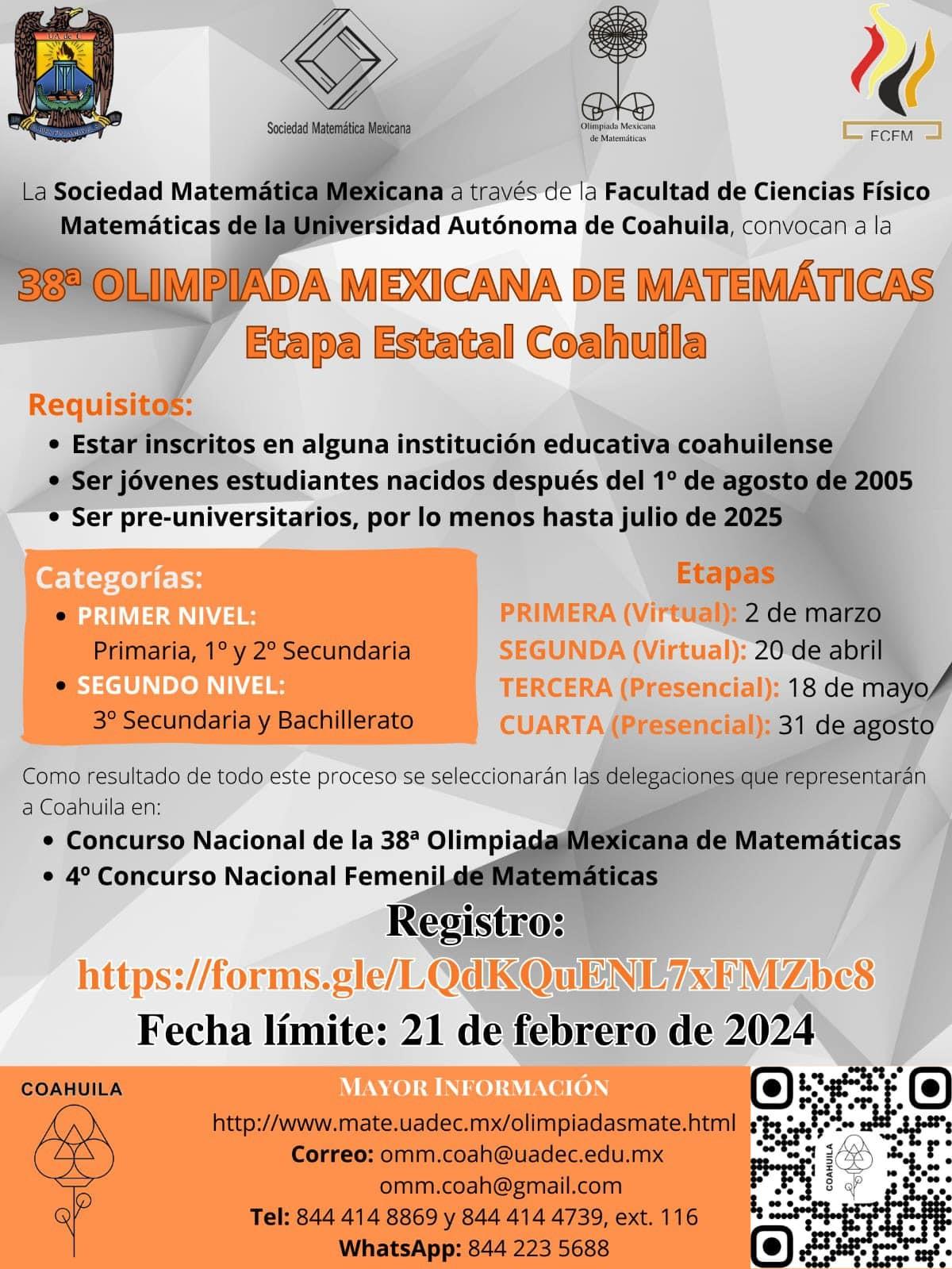 Convocan a 38ª Olimpiada Mexicana de Matemáticas