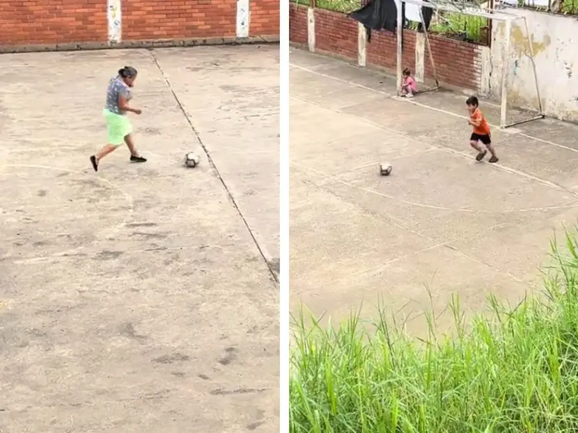 Video: Abuelita que juega futbol con su nieto se viraliza; “¡Maradoña!”