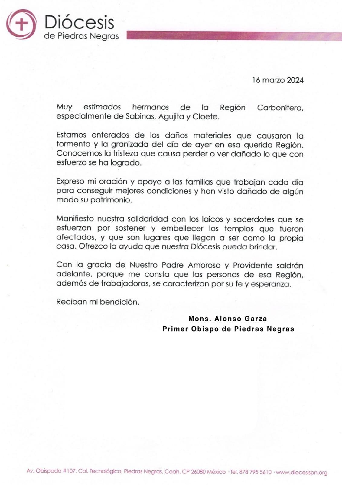 “Ofrezco la ayuda que la Diócesis pueda brindar”