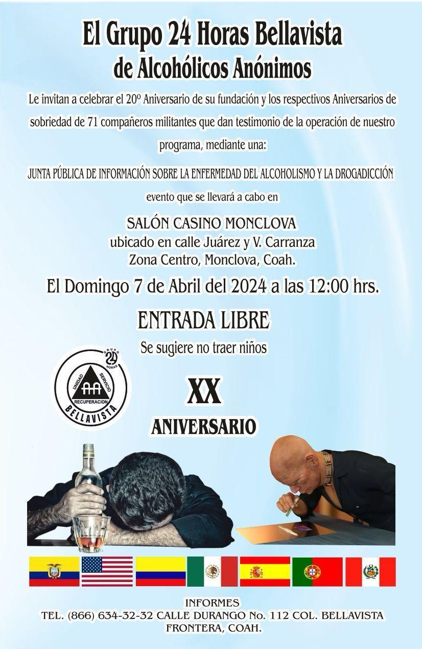 Invita a su 20 aniversario grupo Bella Vista de AA