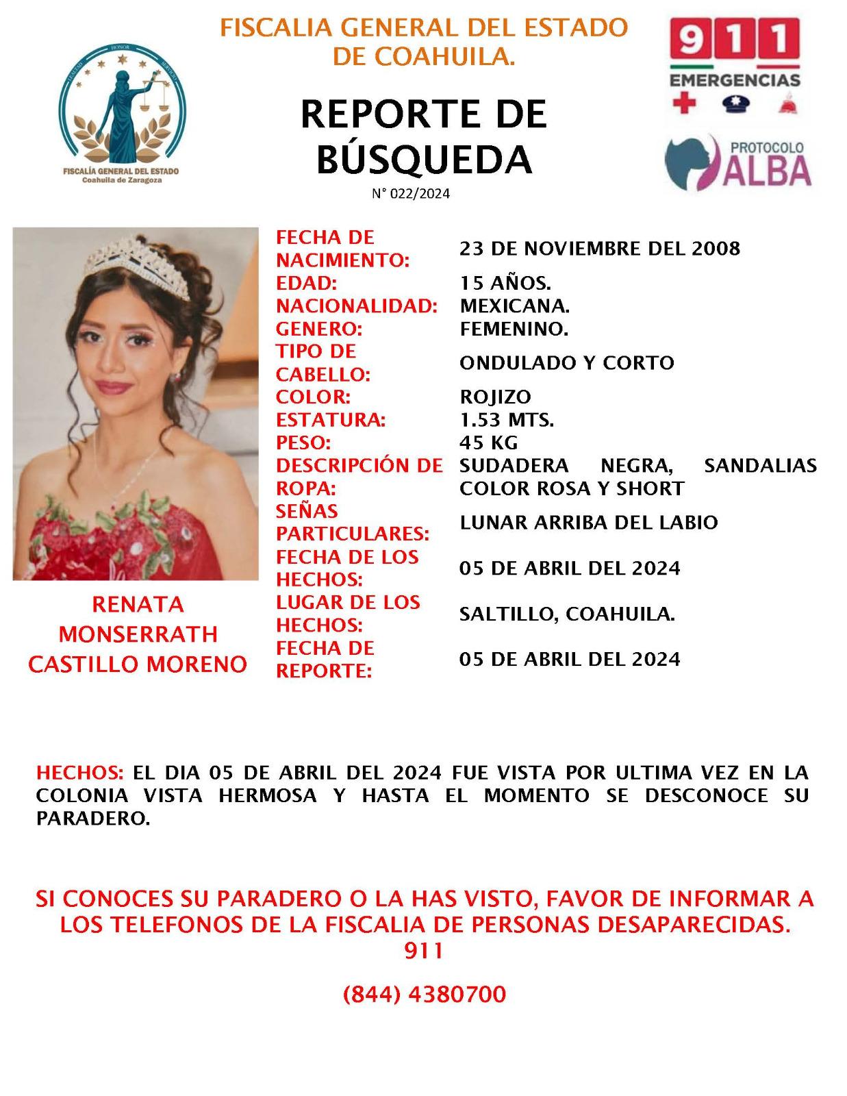 Buscan en Saltillo a Renata Monserrath