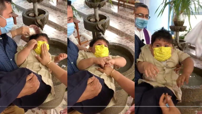 VIRAL. En medio bautismo, niño se queja del sacerdote: “¡ya me mojaron mi camiseta!”