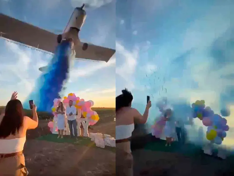 Futuros papás casi son arrollados por una avioneta durante fiesta de revelación de género