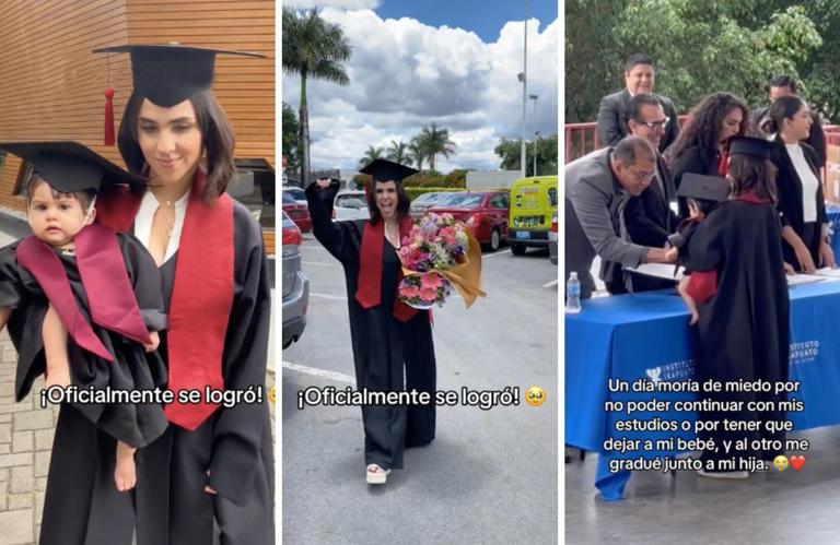 Joven se gradúa de la universidad con su bebé; ambas lucen toga y birrete