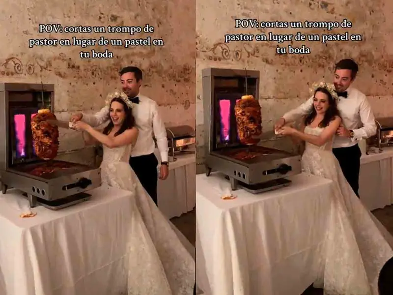 Recién casados cortan trompo al pastor el lugar de pastel en su boda