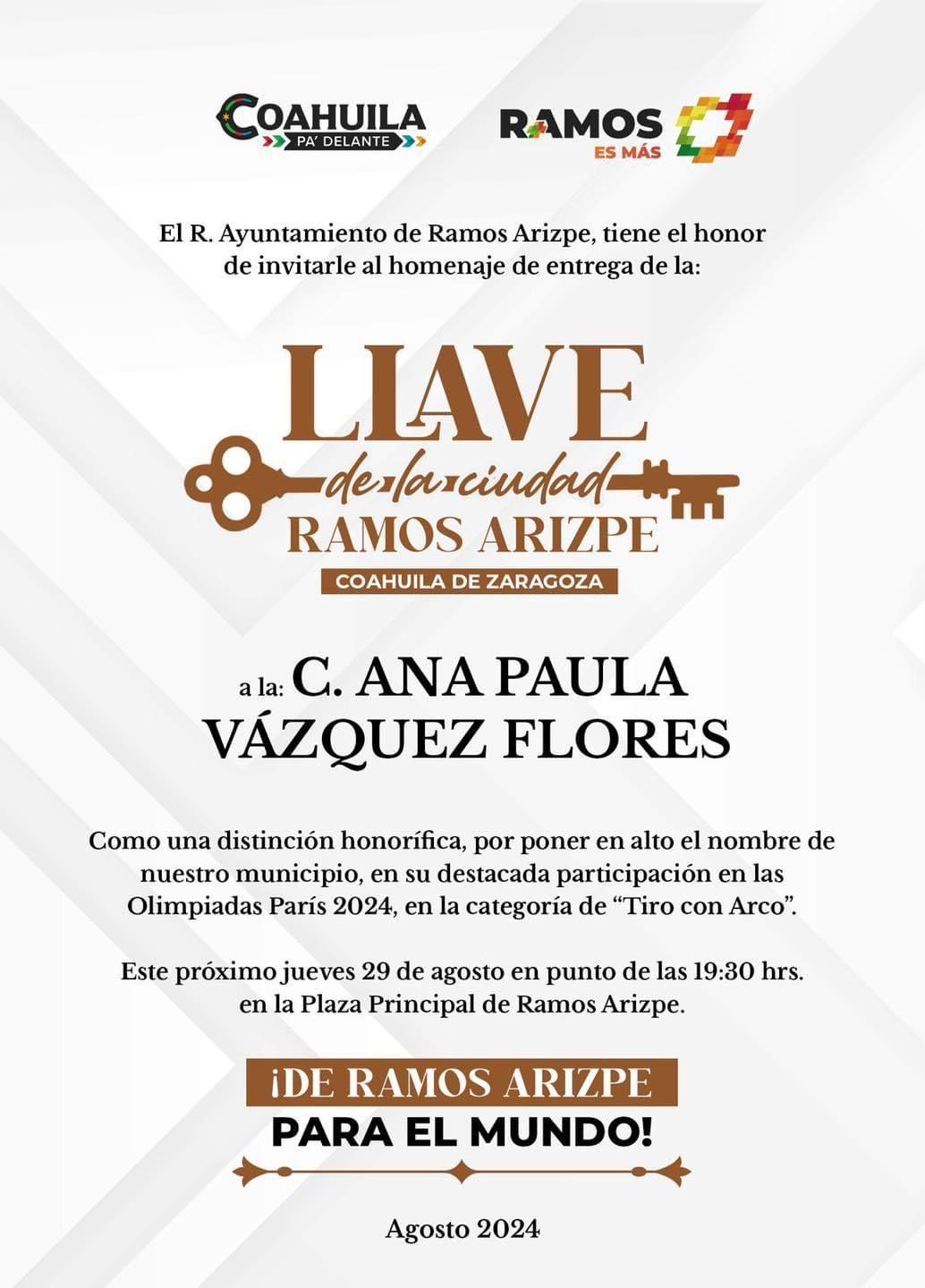 Entregarán llaves de Ramos a Ana Paula